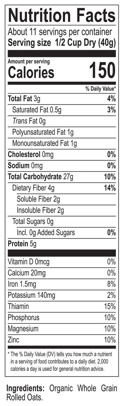 Organic Old Fashioned Oats nutrition fact panel