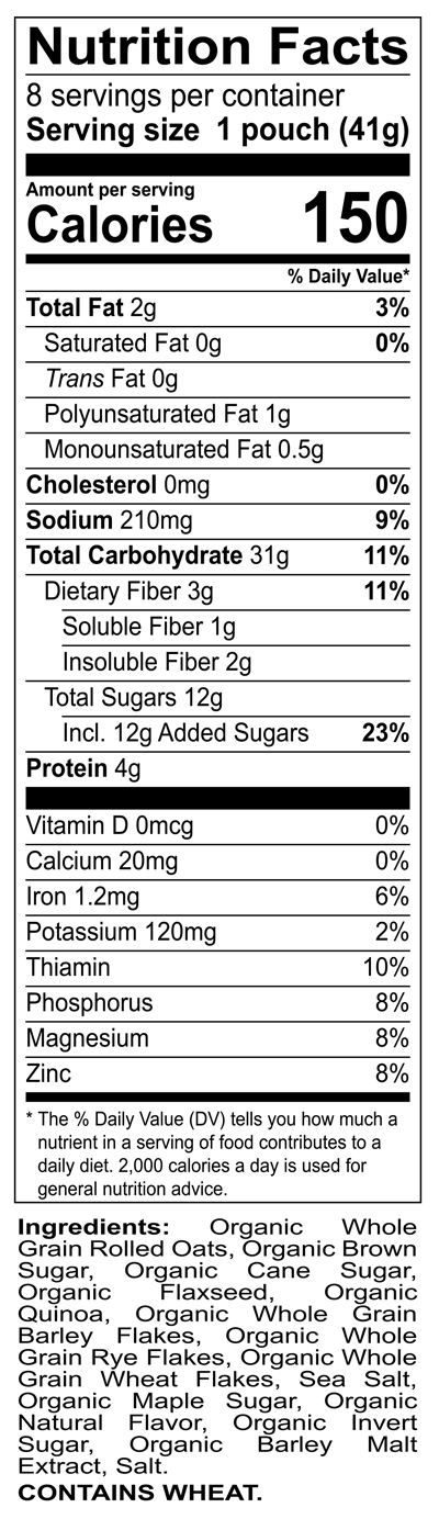 Organic Maple & Brown Sugar nutrition fact panel