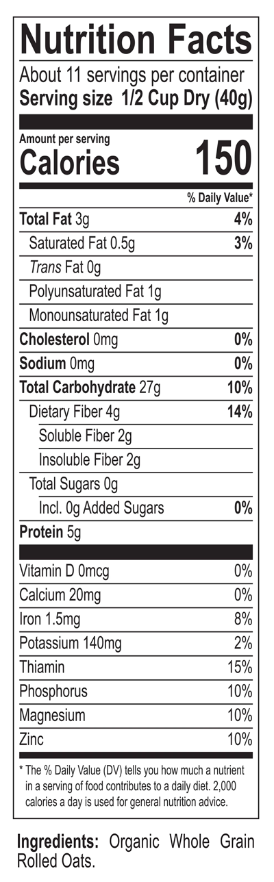 Organic Quick Oats Nutrition Fact Panel
